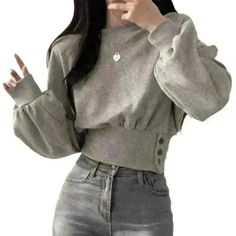 Autumn Crew Neck Button Long Sleeve Short Pullover Sweatshirt Top For Women - EX-STOCK CANADA