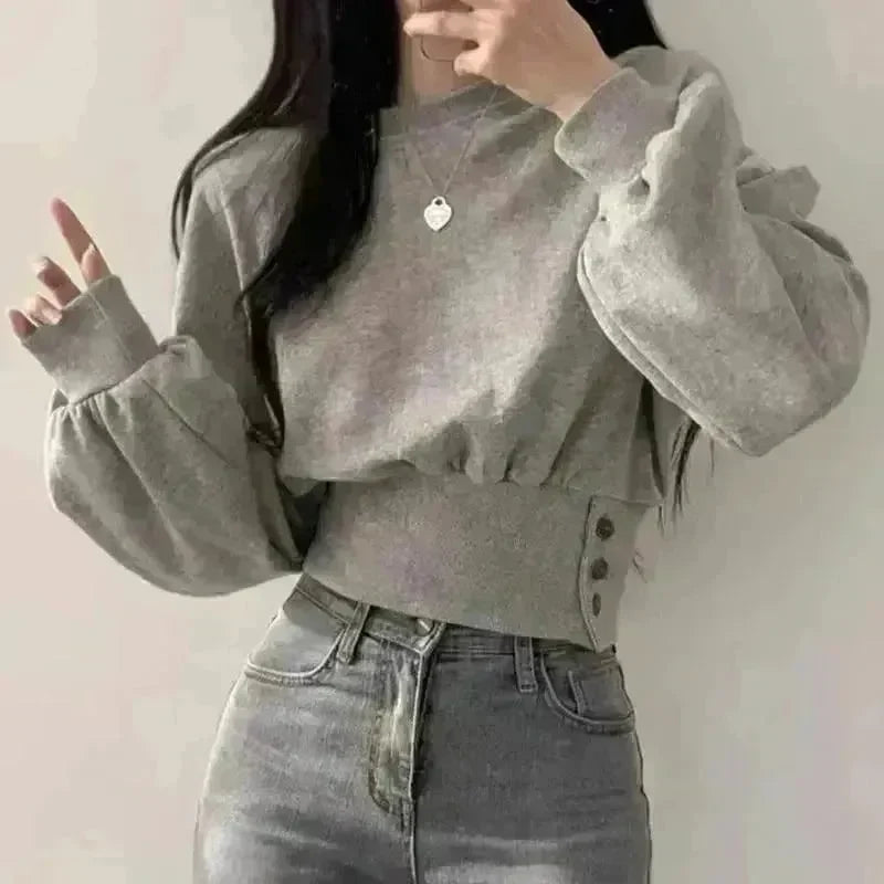 Autumn Crew Neck Button Long Sleeve Short Pullover Sweatshirt Top For Women - EX-STOCK CANADA