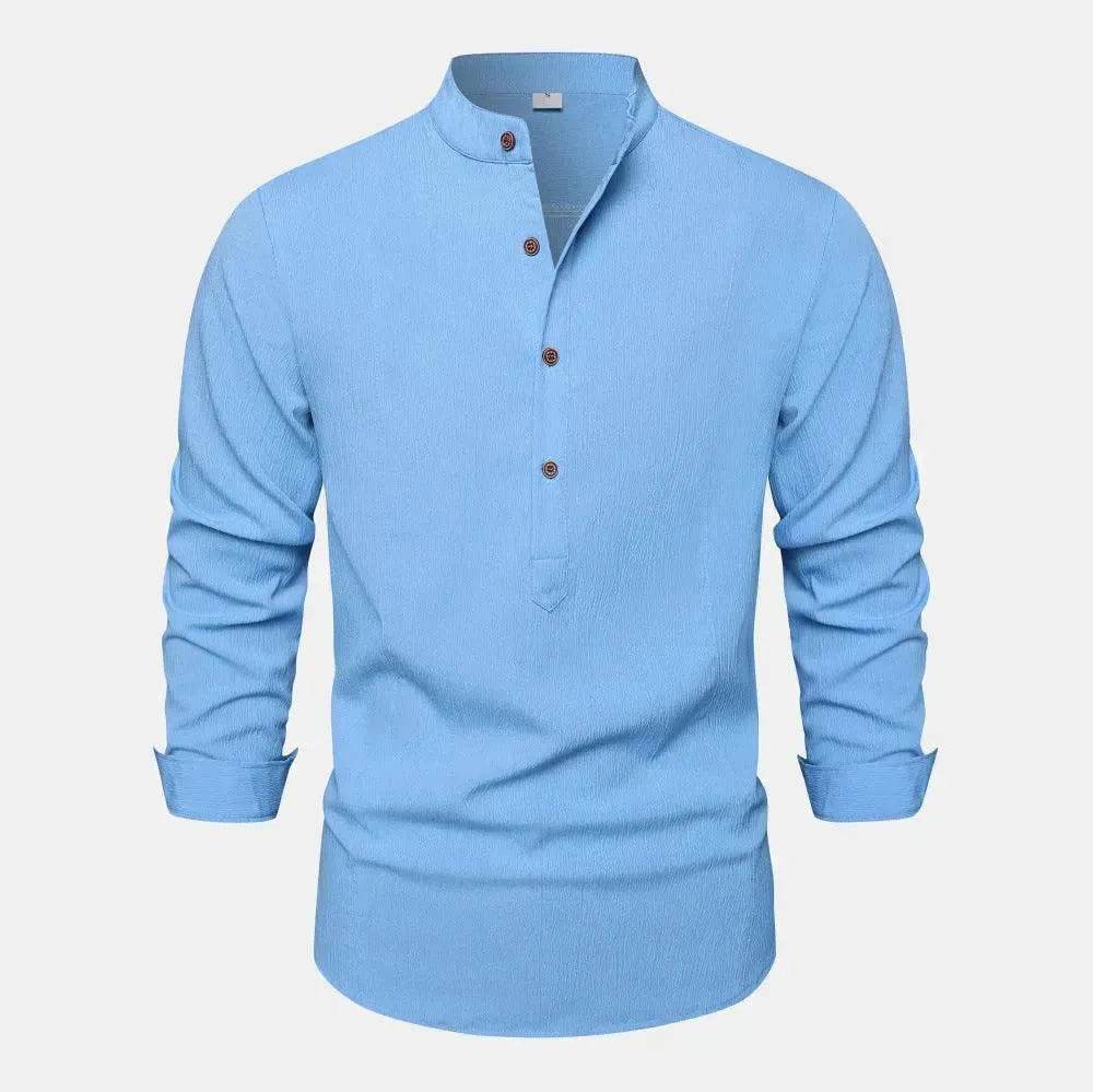 Autumn Solid Color Stand Collar Casual Long Sleeve Cotton And Linen Men's Shirt - EX-STOCK Canada