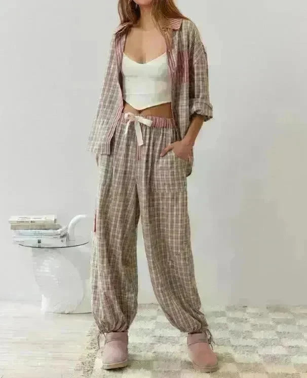 Autumn Women's Clothing Casual Homewear Plaid Shirt Outfit - EX-STOCK CANADA
