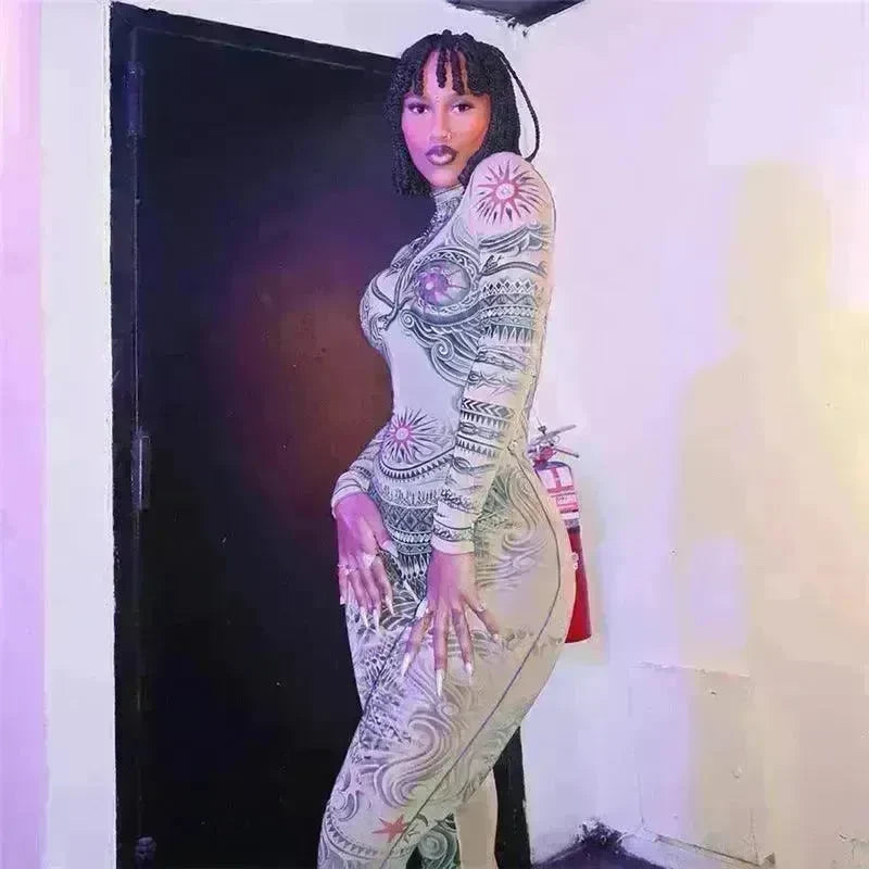 Autumn Women's Street Digital Printed Sexy Mesh See-through Tight Jumpsuit - EX-STOCK CANADA