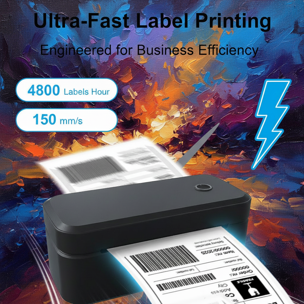 A black desktop label printer shown printing a barcode shipping label, with marketing text reading 'Ultra-Fast Label Printing' and performance claims of 4800 labels per hour and 150 mm/s on a light blue background.