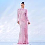 Vestido de banquete de lentejuelas largas del cuello redondo y redondo de manga larga