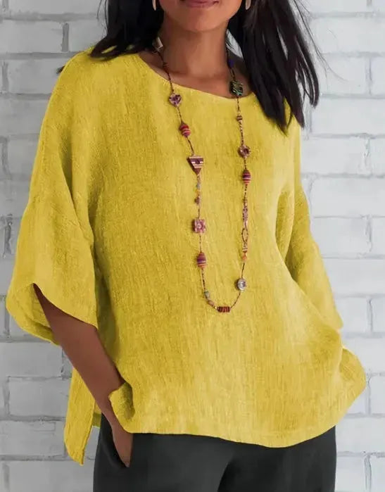 Women Fashion Casual blouse top 3/4 Sleeve Round Neck Blouses Summer Loose linen Tops Streetwear - EX-STOCK CANADA
