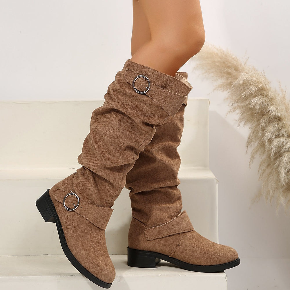 Women's Knee-High Slouch Boots – Faux Suede Buckle