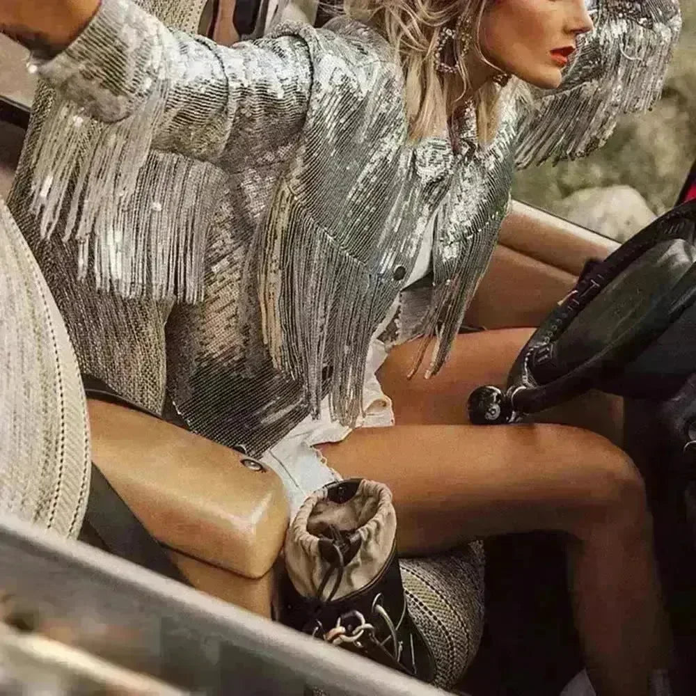 Women Fashion Long sleeve Tassel Sequin top jacket Y2K cropped jacket - EX-STOCK CANADA