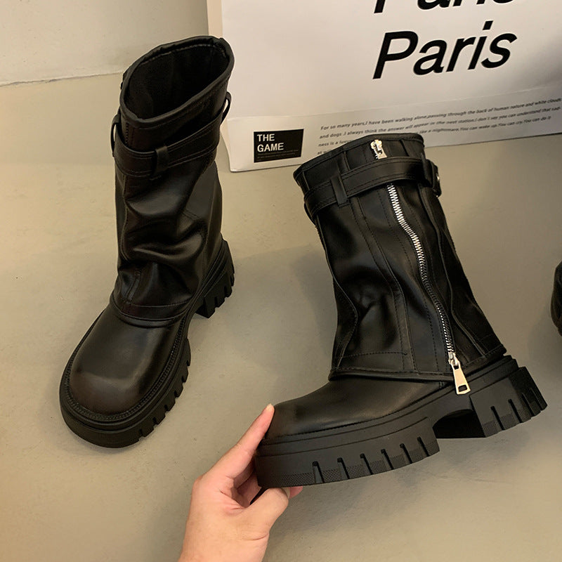 Women's Retro Platform Moto Boots – Chunky Heel Mid-Calf Zip-Up Boots in Black & Brown (EU 35–43)
