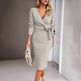 Autumn And Winter V-neck Long Sleeve Knitted sweater Wrap Dress - EX-STOCK Canada