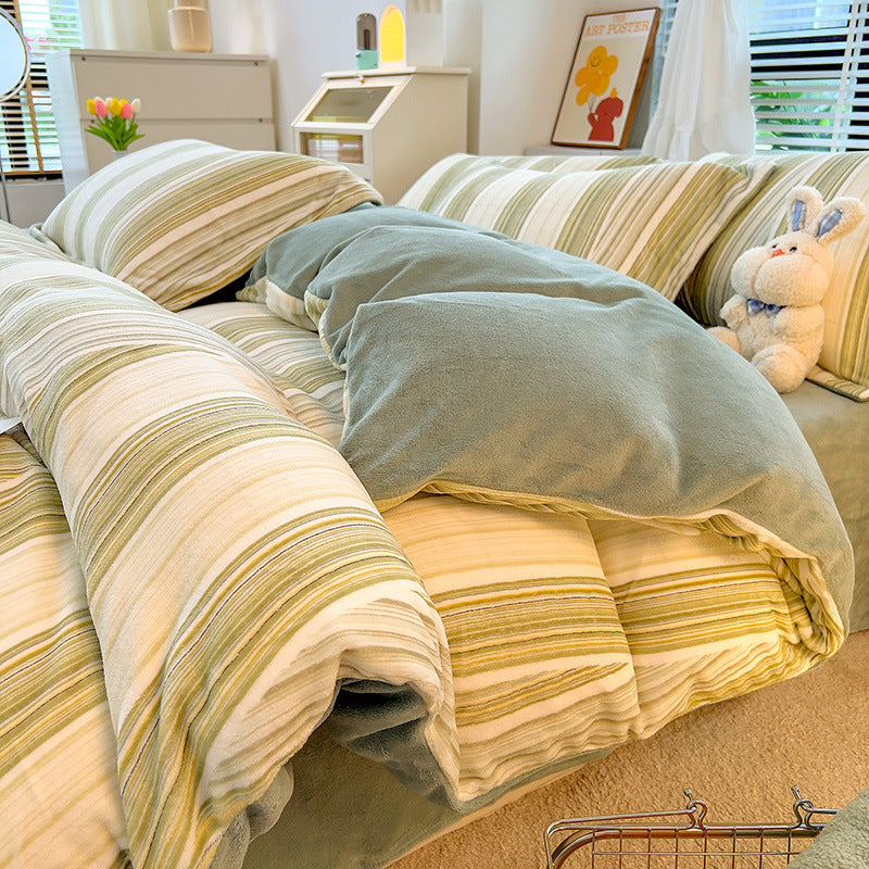 Nordic Striped Coral Fleece Duvet Cover Flannel Sheet Cover Three-piece Set EX-STOCK Canada 