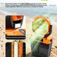 An orange and black portable leaf blower fan shown on a beach with inset feature diagrams and marketing text. The product is highlighted as a 'Round leaf extra-large gentle breeze' with multiple gear LED lighting, shown both in use and with close-up feature callouts.