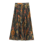 Women's Floral Pleated Midi Skirt – Autumn Print Chiffon A-Line | S–L