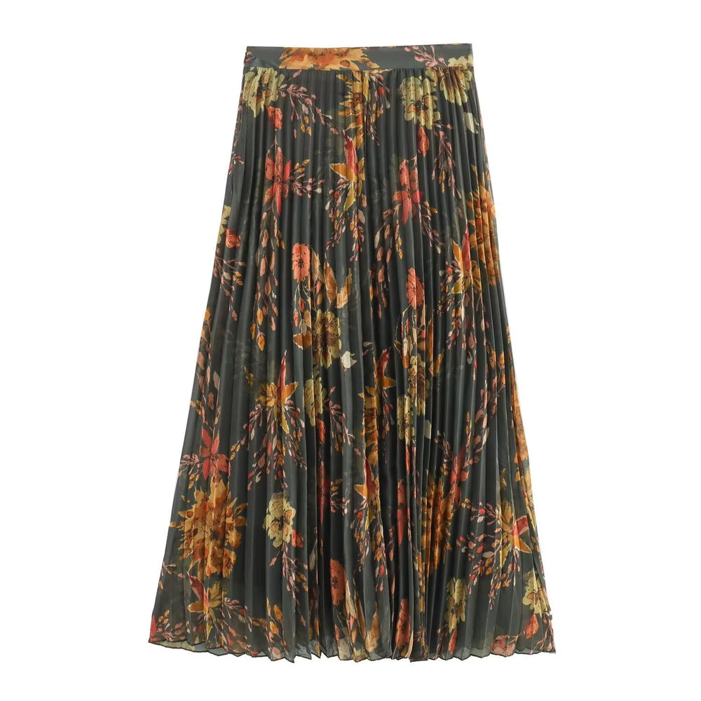 Women's Floral Pleated Midi Skirt – Autumn Print Chiffon A-Line | S–L
