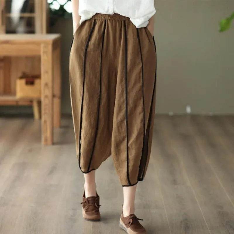 Summer Thin Striped Cotton And Linen Cropped trouser Pants For Women - EX-STOCK Canada