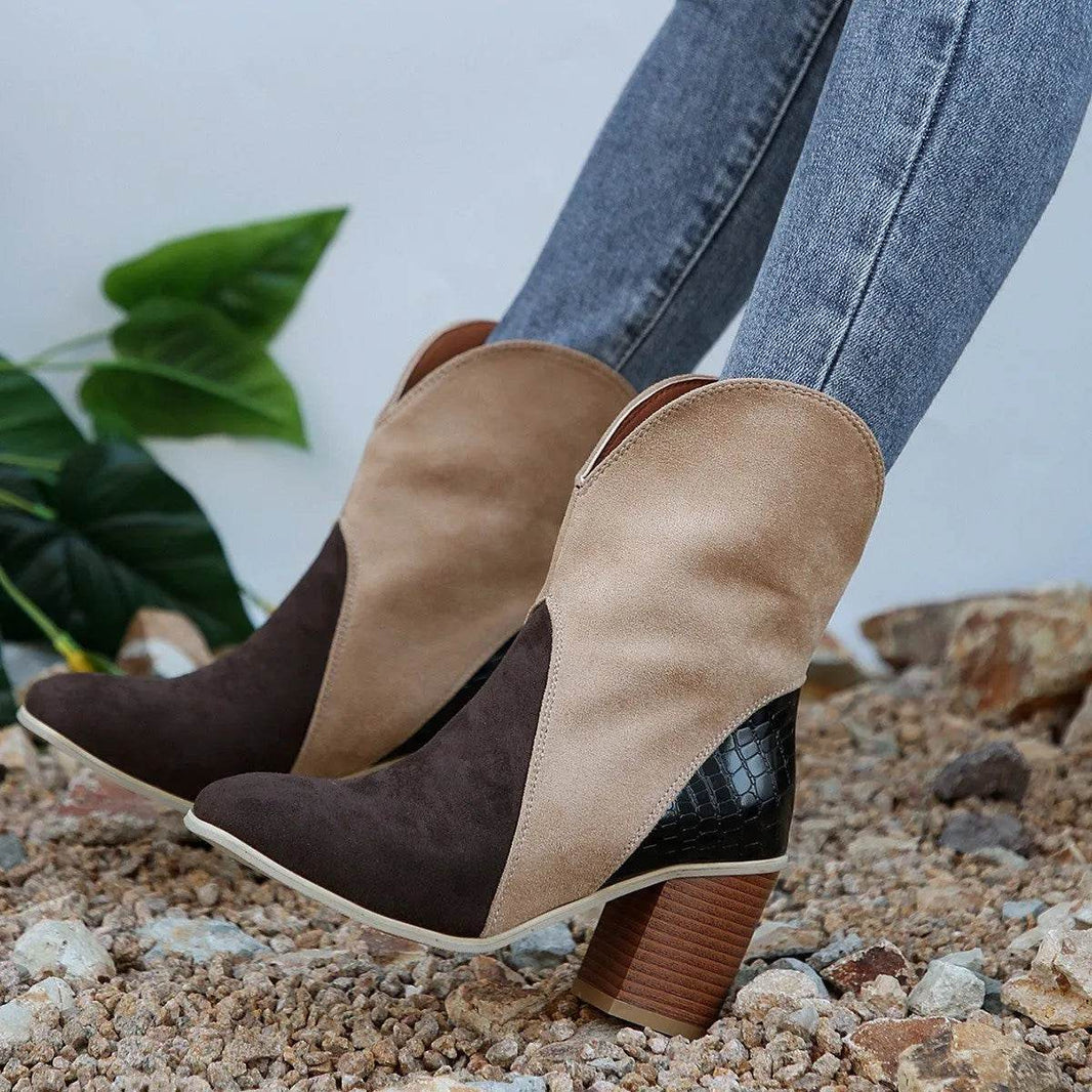 Fashion Splicing Suede Boots Retro Pointed-toe Square High Heel Mid-calf Boots For Women Fall And Winter Shoes - EX-STOCK Canada
