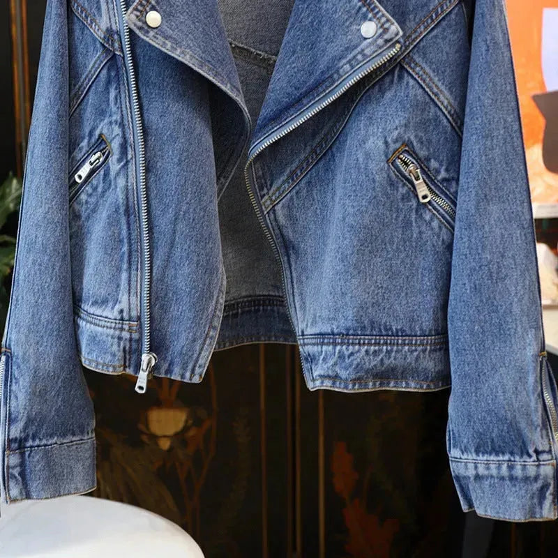 Large Lapel Long-sleeve Zipper Locomotive Style Denim Coat Jacket Women - EX-STOCK CANADA