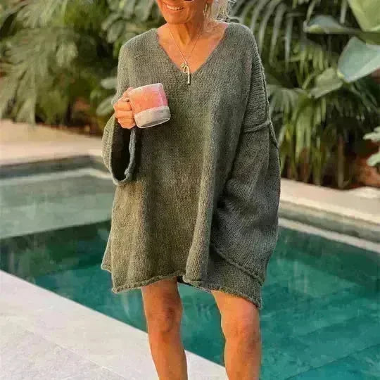 Women's Fashion V-neck Long-sleeve Knitwear 2-color Sweater dress - EX-STOCK CANADA