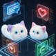 Digital artwork showing two fluffy white kittens floating above a futuristic glowing interface with text reading 'Cute exterior Hardcore Brain' and feature callouts like AI Dialogue, Eye Interaction, Emotional Nurting, and Touch Sensing.
