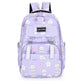 Purple backpack with cartoon designs on a white background