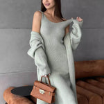 Women 2pcs Winter outfit set Long dress Cashmere Long Cardigan Jacket - EX-STOCK Canada