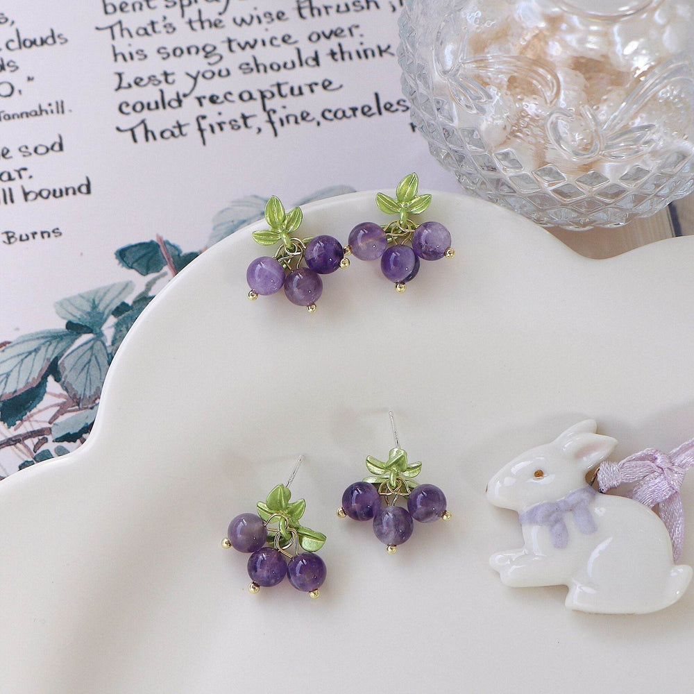 Female Purple Blueberry Fruit Beaded Earrings - EX-STOCK Canada