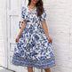 Puff Sleeve dress V Neck Blue Floral Bohemian Midi Dress EX-STOCK