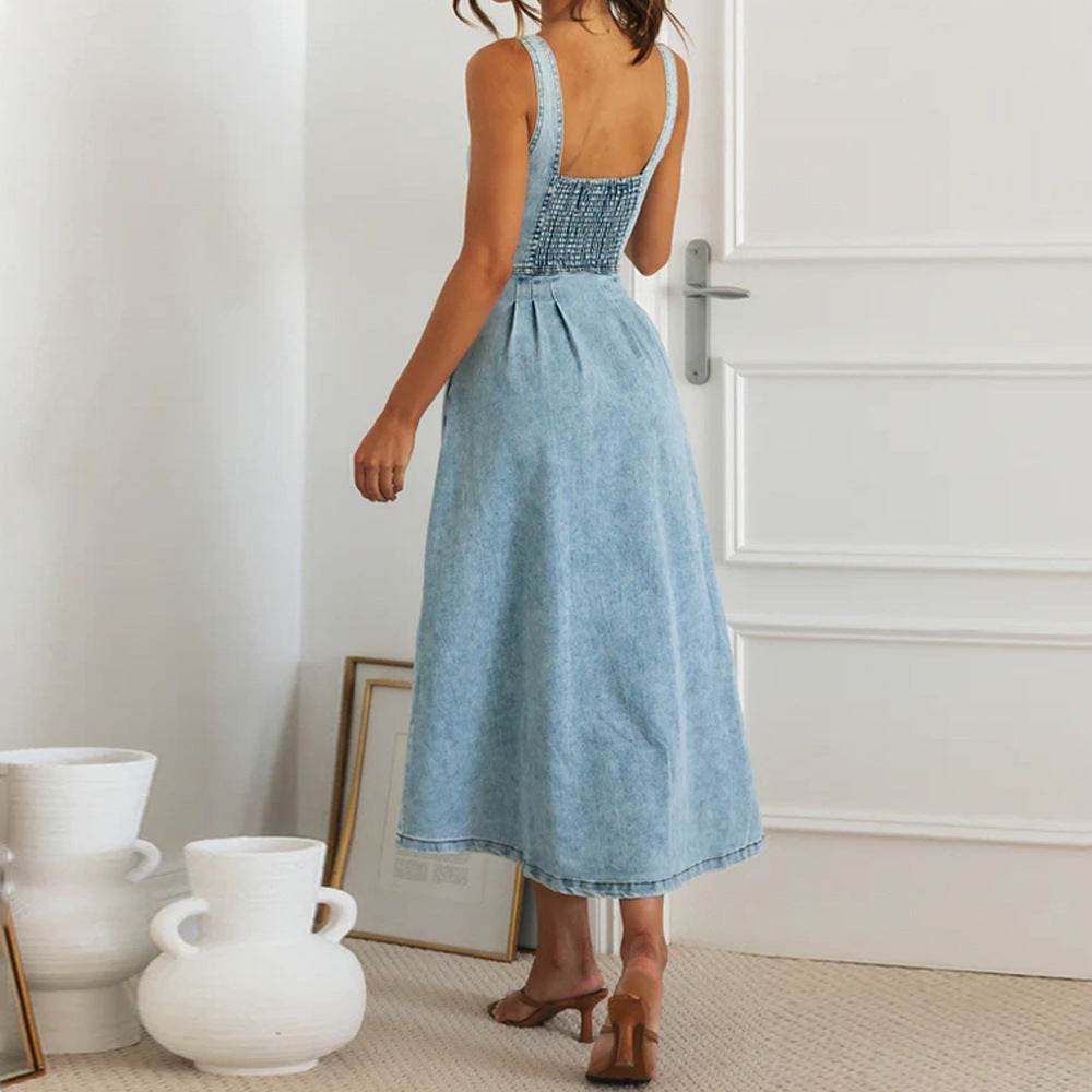 Women's sleeveless Denim Buckle Strap Midi maxi Dress - EX-STOCK Canada