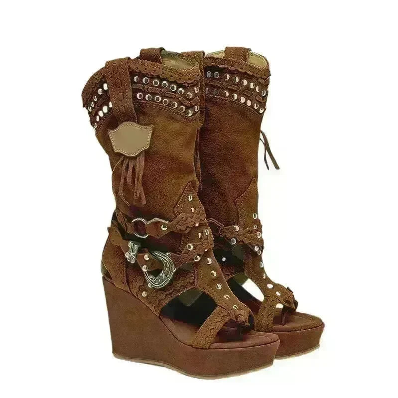 Fashion High Heel Canvas Denim Wedge  Sandals Hollow-out Women's Shoes - EX-STOCK CANADA