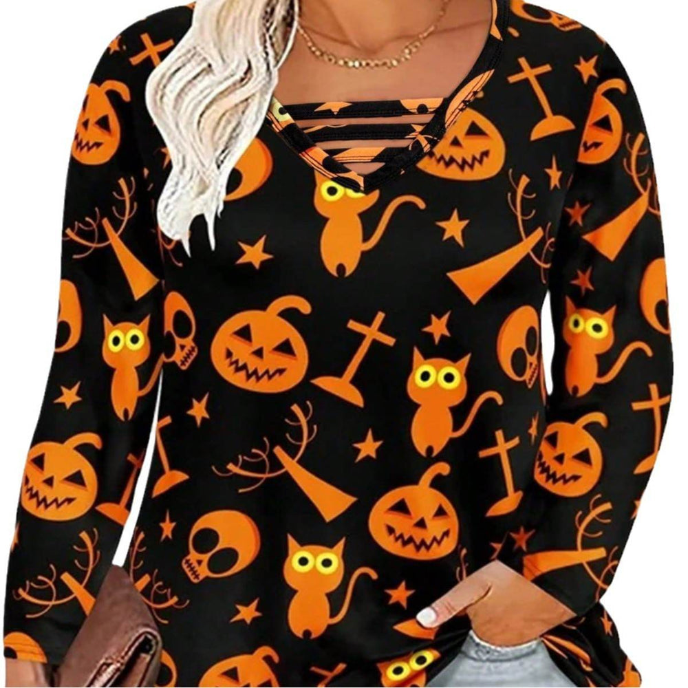 Digital Printing Halloween Round Neck Long Sleeve Plus Size T-shirt - EX-STOCK Canada