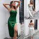 Women's Breasted Satin silk V-neck Spaghetti strap Backless Midi Dress cocktail split dress - EX-STOCK Canada