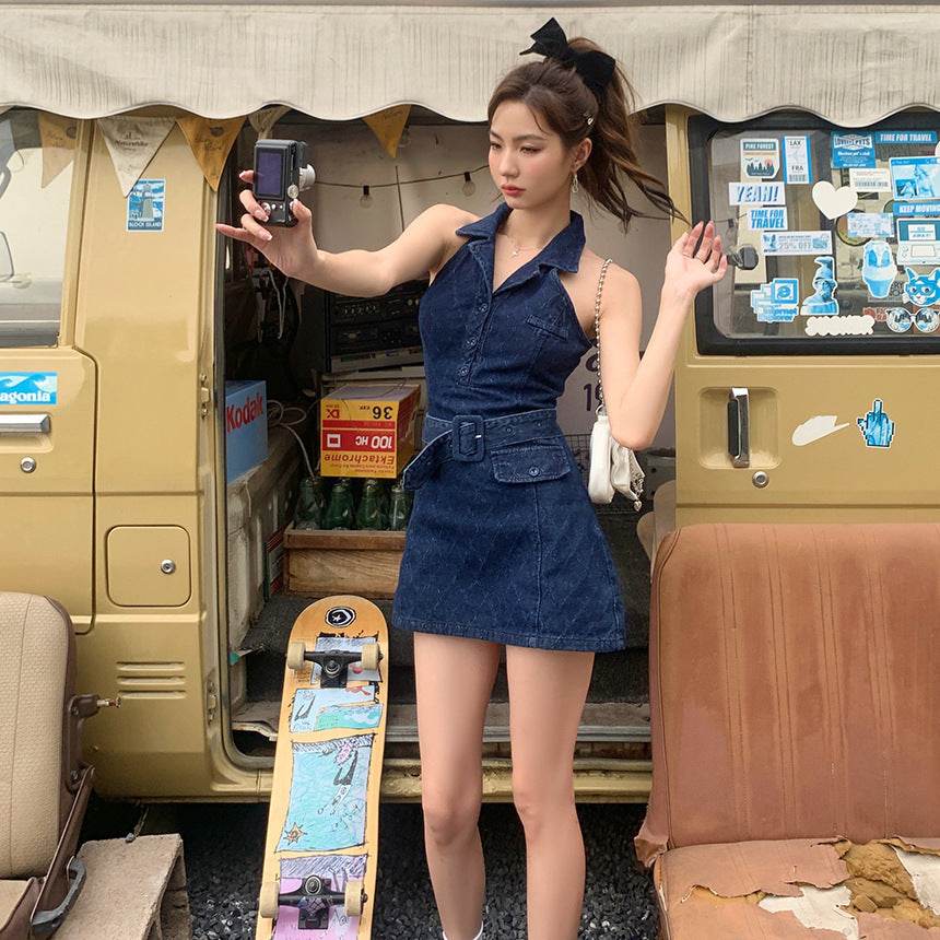 Mini Sleeveless Sheath Denim jeans halter neck Dress - EX-STOCK Canada