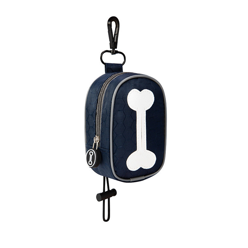 Navy blue pouch with a white bone design on a white background