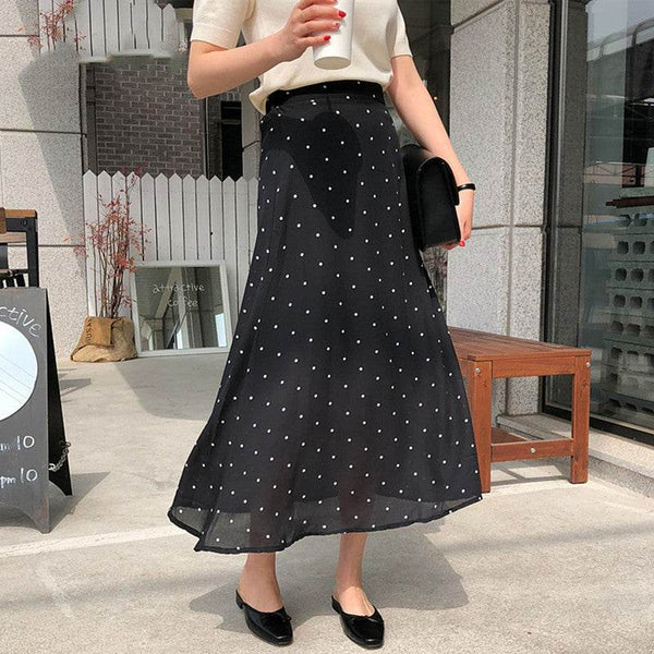 Polka Dot High Weist Shiffon Flowy Midi Skirt Women