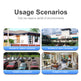 Usage scenarios for different environments including outdoor courtyards, indoor courtyards, parking lots, and indoor settings.