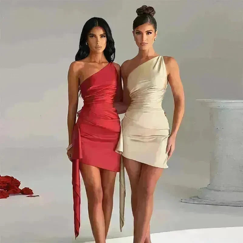 One-shoulder Sleeveless Mini Dress Charming Slim Backless Party Wedding Satin Dresses Womens Clothing - EX-STOCK CANADA