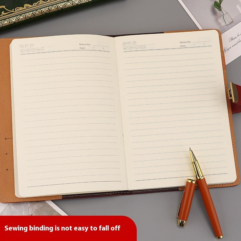 Open notebook with lined pages and a red pen on a gray surface, with text 'Sewing binding is not easy to fall off'.