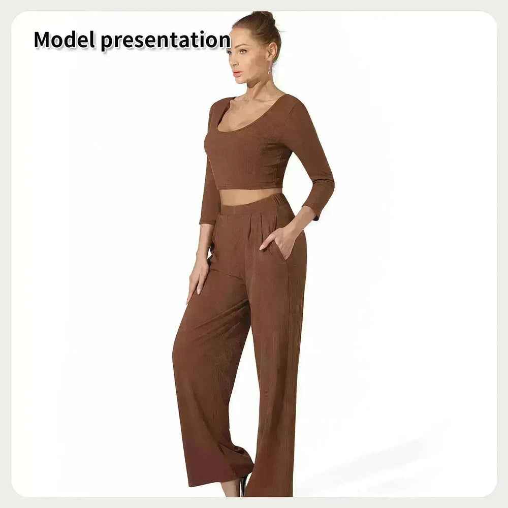 Women Fashion Casual Matching 2pcs set Long Sleeve Crop top and Pant set - EX-STOCK CANADA