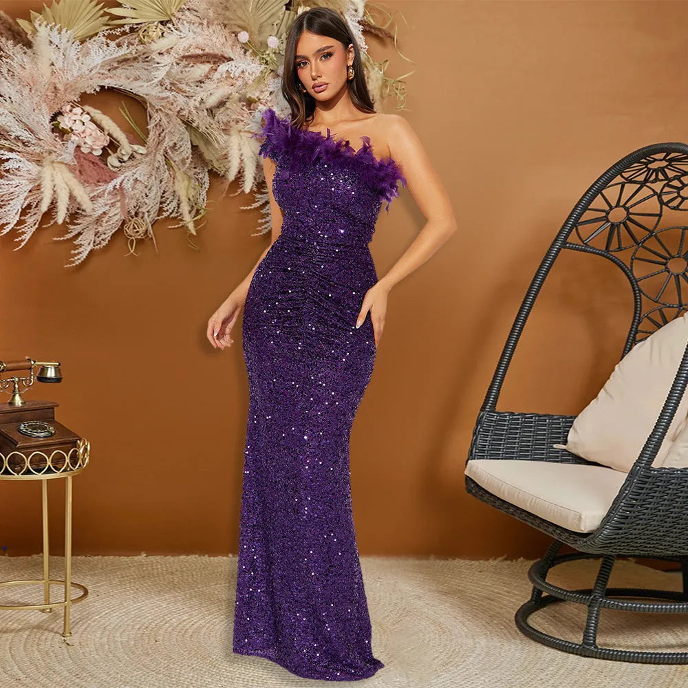 Luxury formal dress Feather Stitching Sequin Evening Dress Long dress - EX-STOCK CANADA