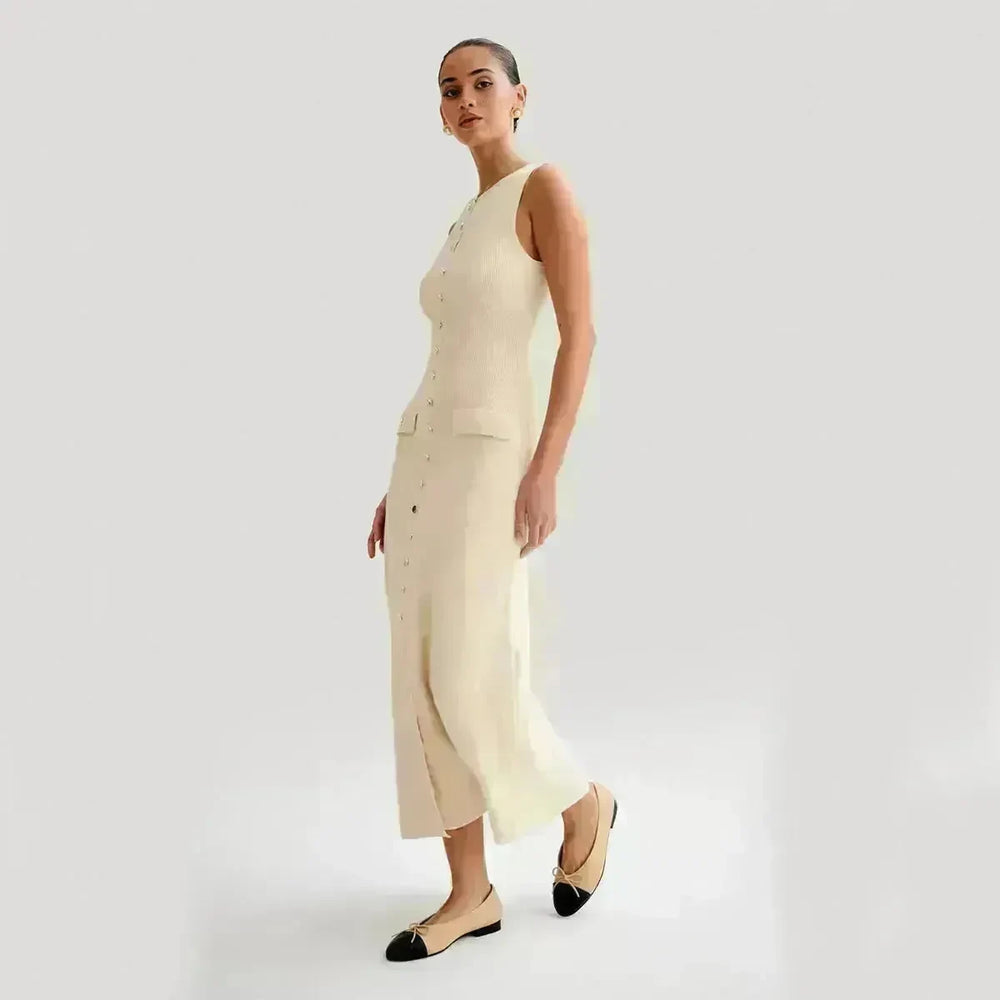 Elegant Knitted Sleeveless Dress With Single Breast Fashion Slim Round Neck Long Dresses Womens Clothing - EX-STOCK CANADA