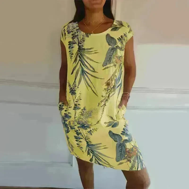 Casual Floral Printed Straight Dress Summer Loose Round Neck Short Sleeve Midi Dresses Womens Clothing - EX-STOCK CANADA