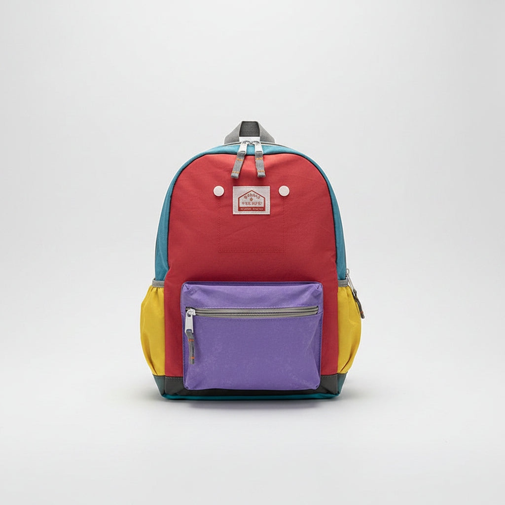 Colorful backpack with purple compartment on a white surface with decorative items.