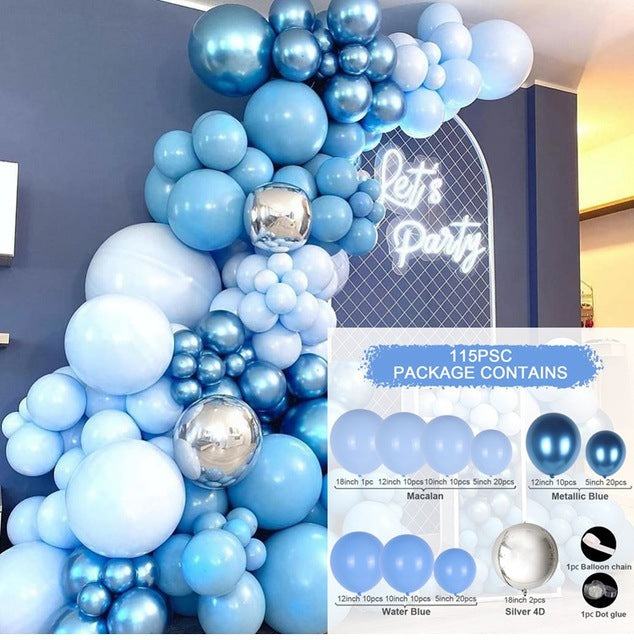 Blue and silver balloon arch with 'Let's Party' sign and balloon package details.