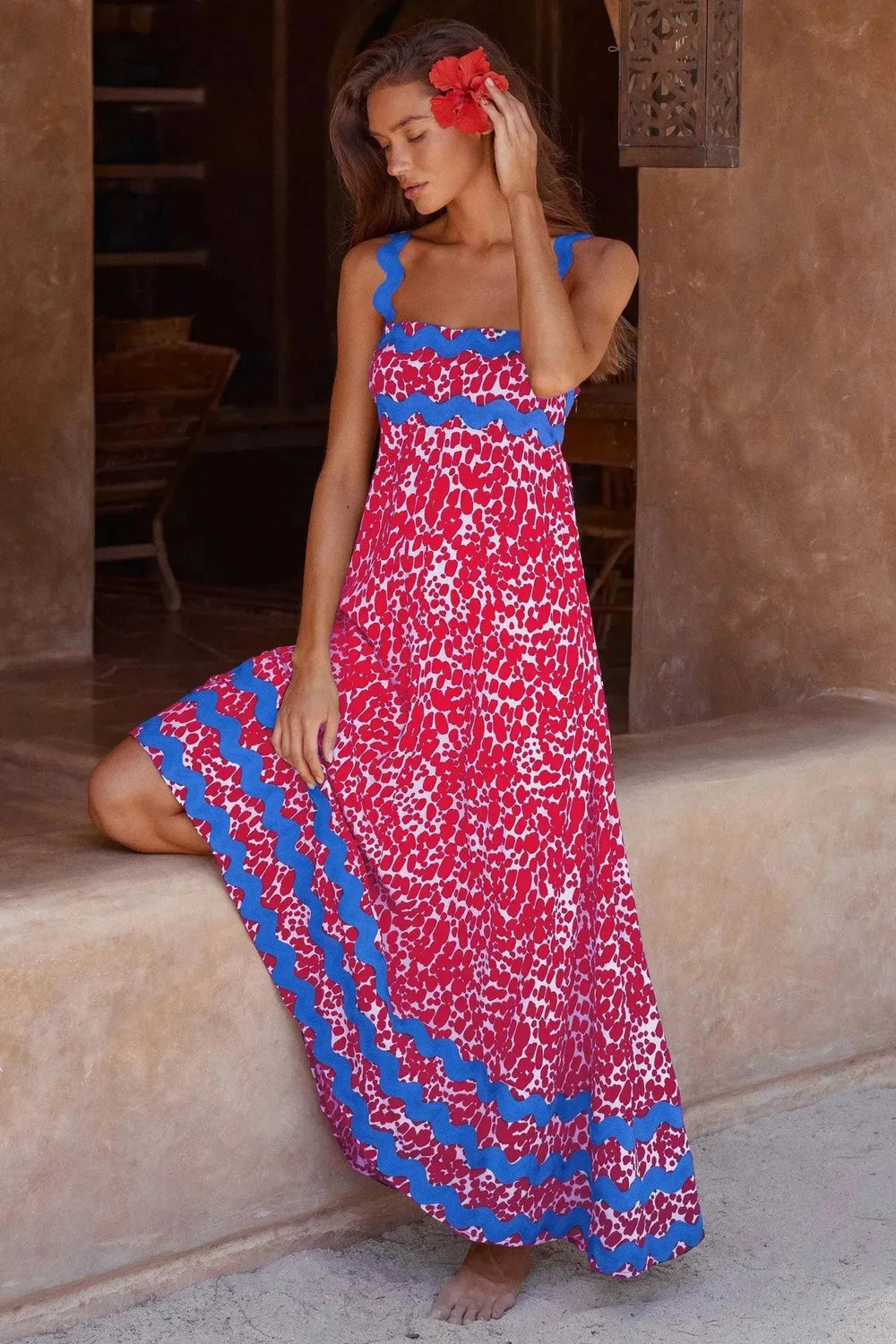 Flowers Print Wavy Pattern Suspender Long Dress For Women Fashion A-Line Beach Dresses Womens Clothing - EX-STOCK CANADA