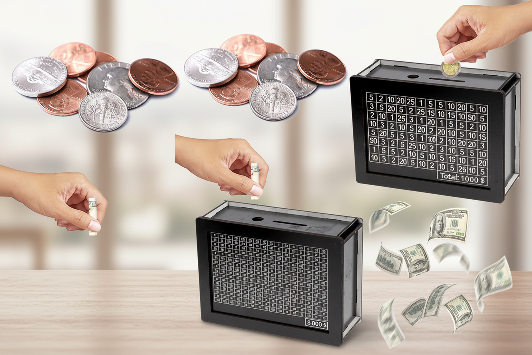Two black coin-included savings boxes shown on a tabletop, with hands inserting coins and dollar bills flying out. Coins and hands are also shown at the top left against a softly blurred indoor background.
