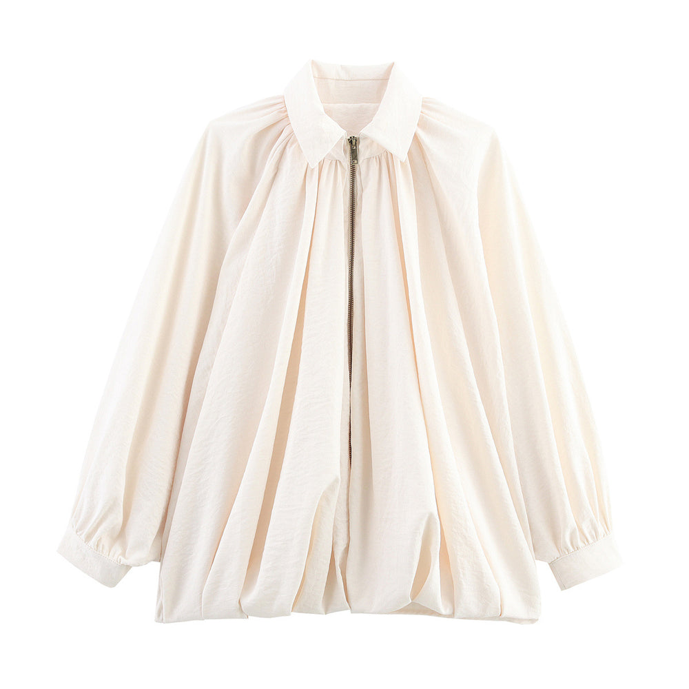 Women's Loose Pleated Zip-Front Jacket – Balloon Sleeves, 6 Colours | Sizes XS–XL