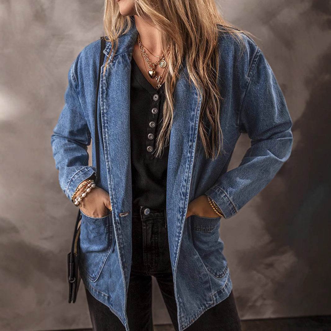 Spring And Autumn New Denim Jacket For Women, Slim Fit, Suit Collar, Solid Color Cardigan, One Button Top, Trendy EX-STOCK Canada 