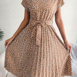 Casual Spring Summer Tie belt Pleated Floral Midi Dress - EX-STOCK Canada