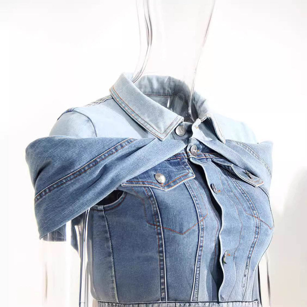 Sweet Cool Bandage Dress Shirt Slimming Denim jeans Shirt women - EX-STOCK Canada
