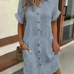 Womens Button Down Shirt Dress Summer Cotton Linen Dress V-Neck Mini Dress Casual Short Sleeve Loose Tunic Dresses - EX-STOCK CANADA