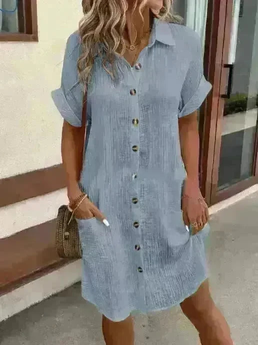 Womens Button Down Shirt Dress Summer Cotton Linen Dress V-Neck Mini Dress Casual Short Sleeve Loose Tunic Dresses - EX-STOCK CANADA