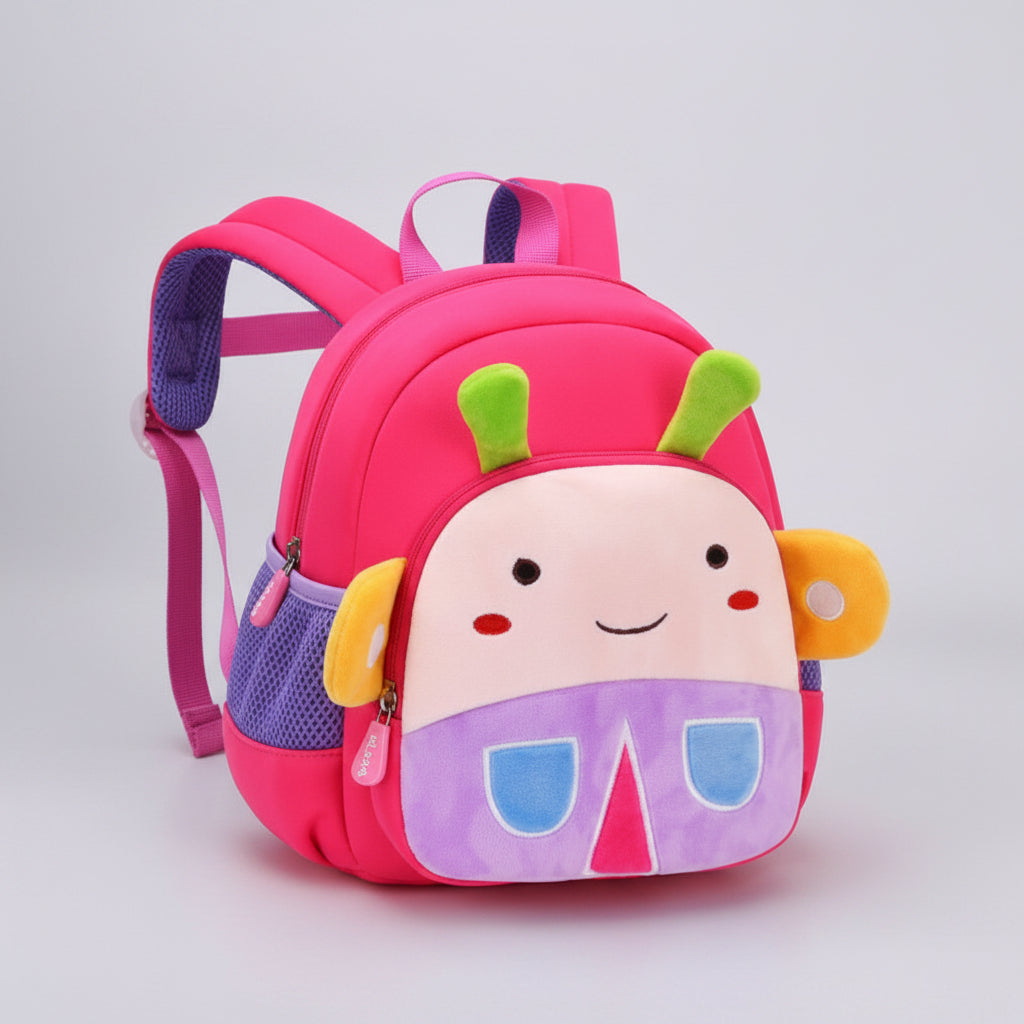 Children's backpack with cartoon face design and measurements shown